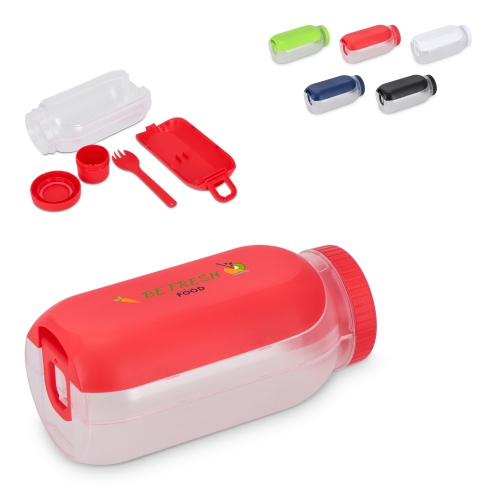 900 ml lunch bowl with sauce compartment and spoon-fork with print (price without logo)