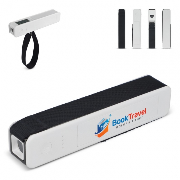 5-in-1 Travel Power Bank 2600 mAh – luggage scale – flashlight – ruler – temperature meter with imprint (price without logo)