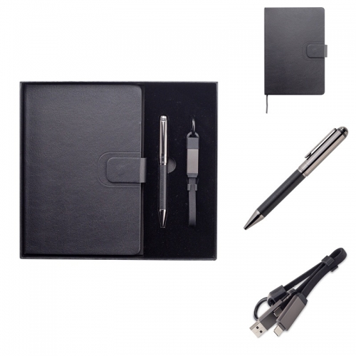Dāvanu komplekts ar 2-in-1 USB kabeli, pildspalvu un A5 piezīmju blociņu ar apdruku (cena bez logo)
