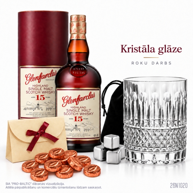 Dāvana “Kristāla elegance” 26N1020 ar viskiju, kristāla glāzi un šokolādi